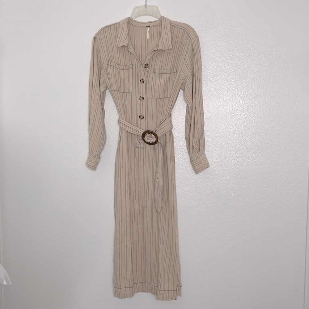 Free People Cream Striped Midi Shirtdress with Belt - Picture 2 of 7